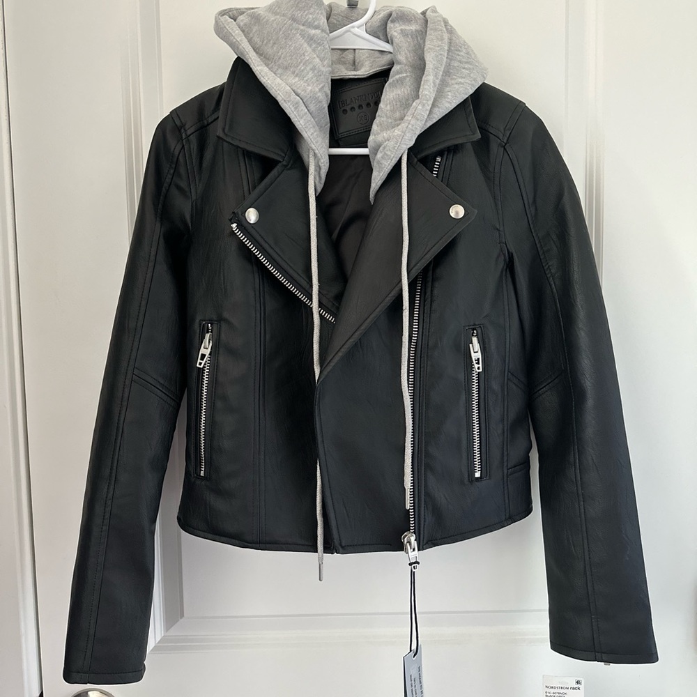 Blank NYC Black and Gray Leather Moto Jacket with Hoodie